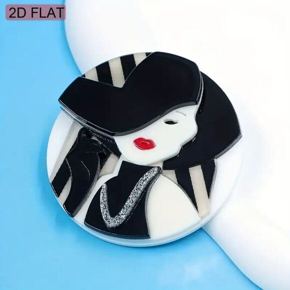 2D Flat, 1pc Vintage Acrylic Handcrafted 2D Flat Fashion Lady Brooch - Picture 3 of 5